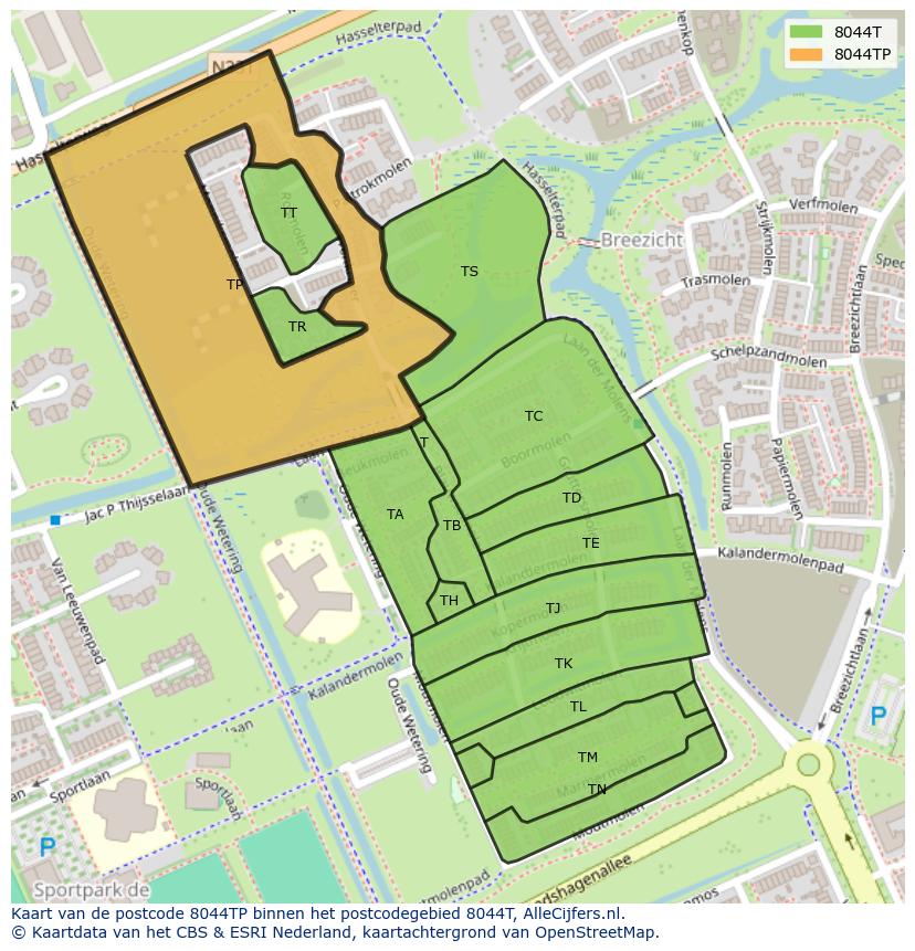 Afbeelding van het postcodegebied 8044 TP op de kaart.