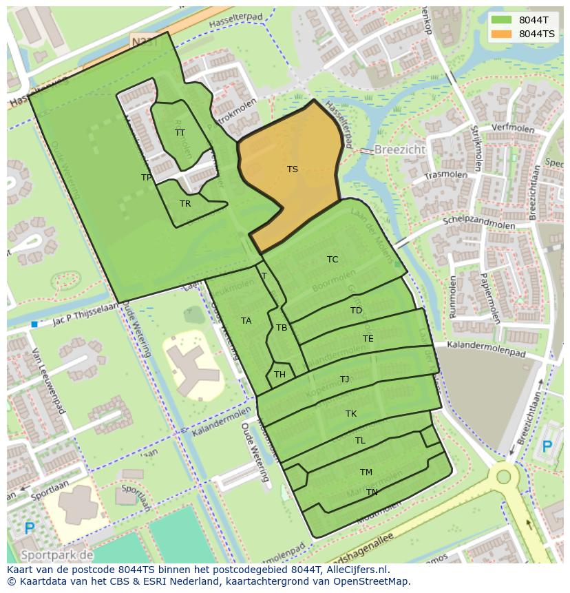 Afbeelding van het postcodegebied 8044 TS op de kaart.