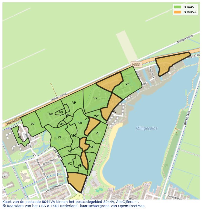 Afbeelding van het postcodegebied 8044 VA op de kaart.