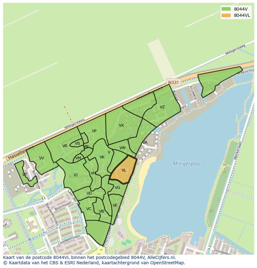 Afbeelding van het postcodegebied 8044 VL op de kaart.