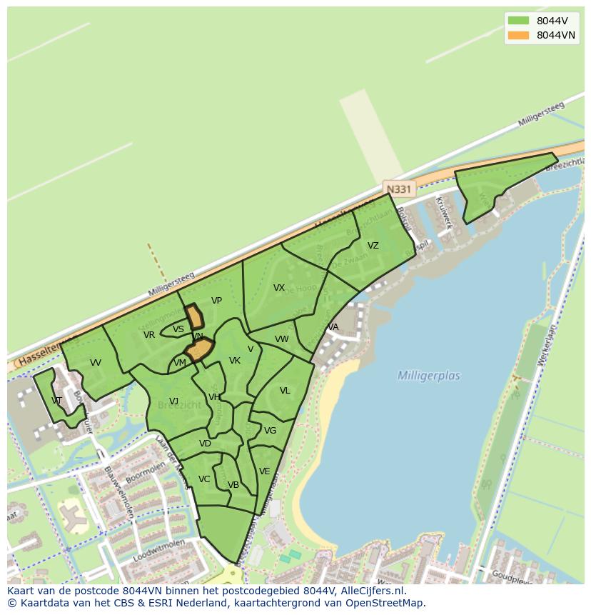 Afbeelding van het postcodegebied 8044 VN op de kaart.