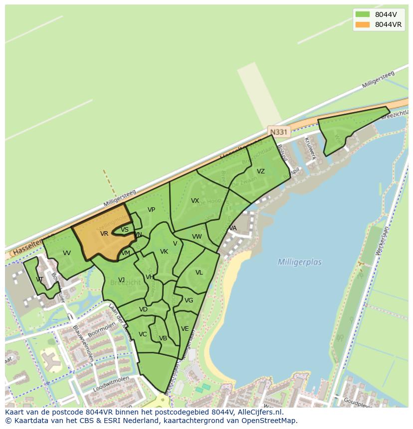 Afbeelding van het postcodegebied 8044 VR op de kaart.