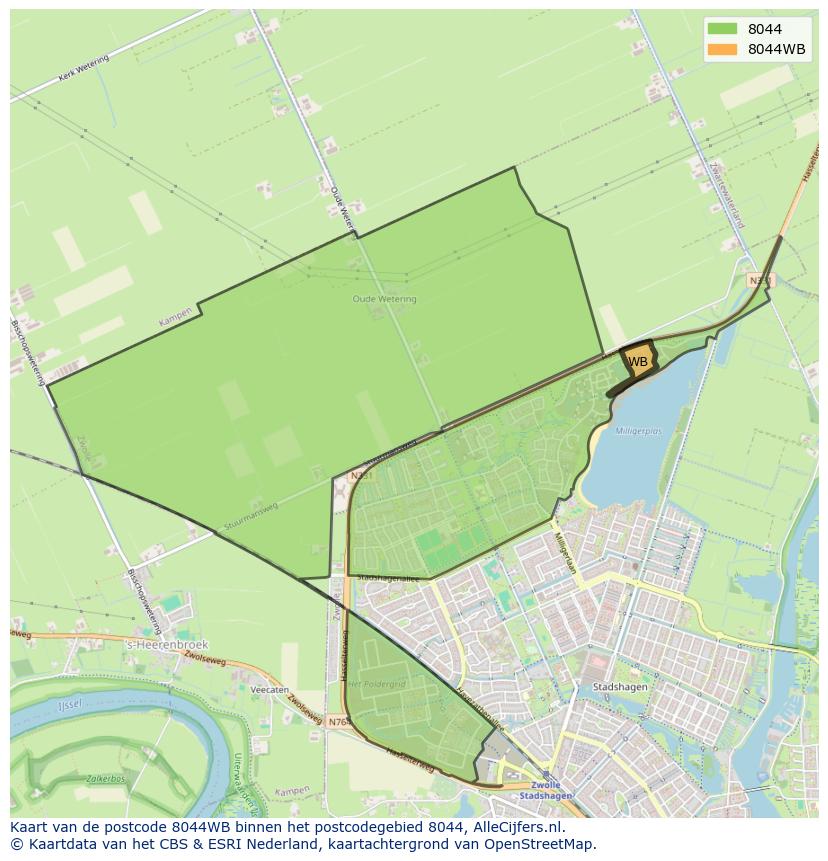 Afbeelding van het postcodegebied 8044 WB op de kaart.