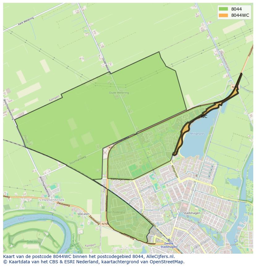 Afbeelding van het postcodegebied 8044 WC op de kaart.