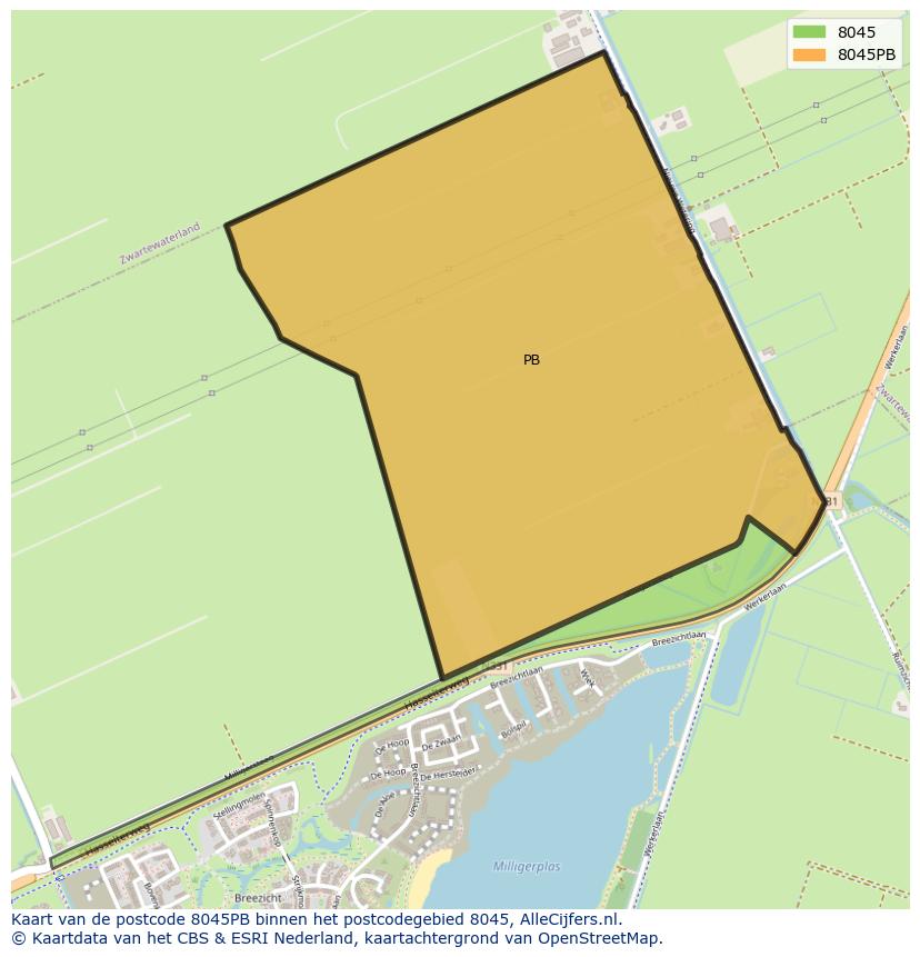 Afbeelding van het postcodegebied 8045 PB op de kaart.
