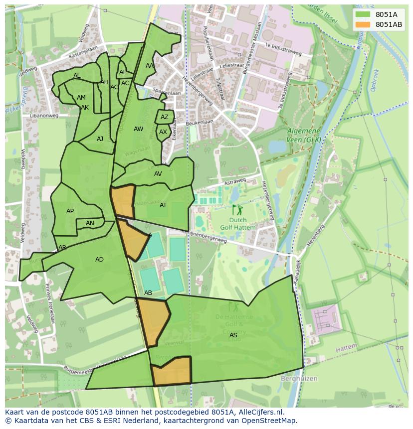 Afbeelding van het postcodegebied 8051 AB op de kaart.