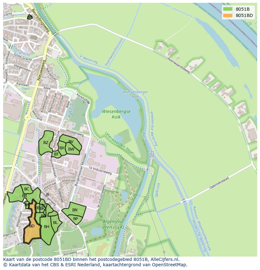 Afbeelding van het postcodegebied 8051 BD op de kaart.