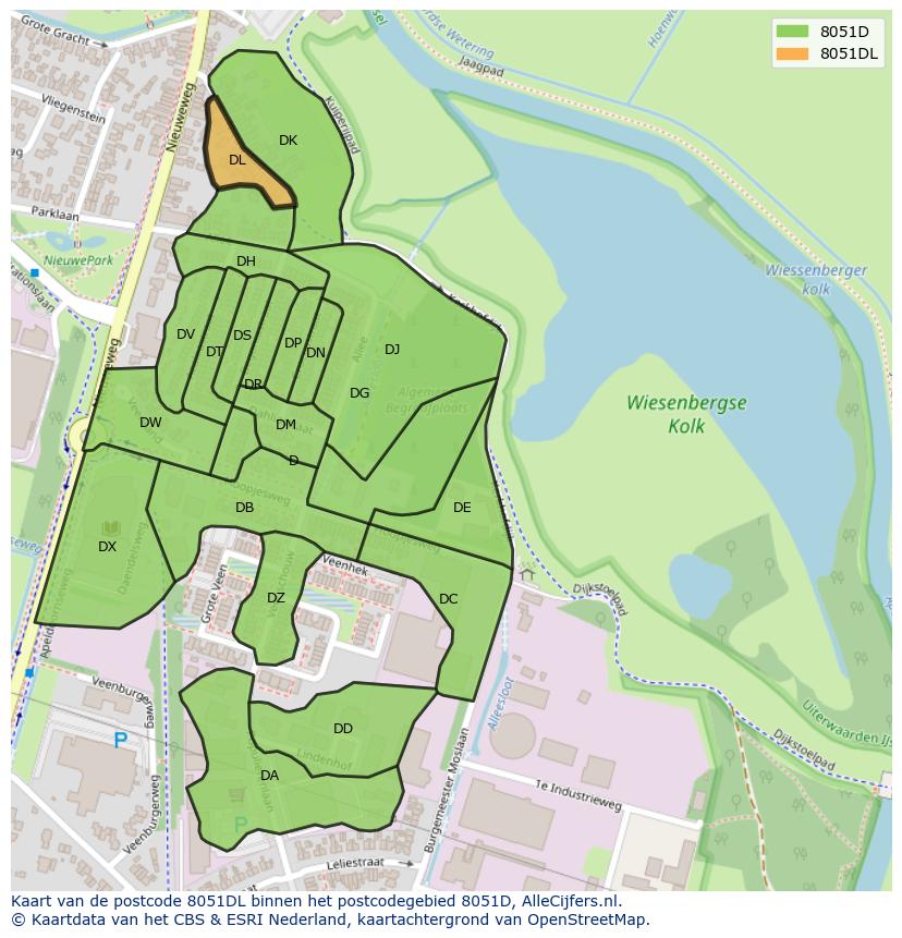 Afbeelding van het postcodegebied 8051 DL op de kaart.