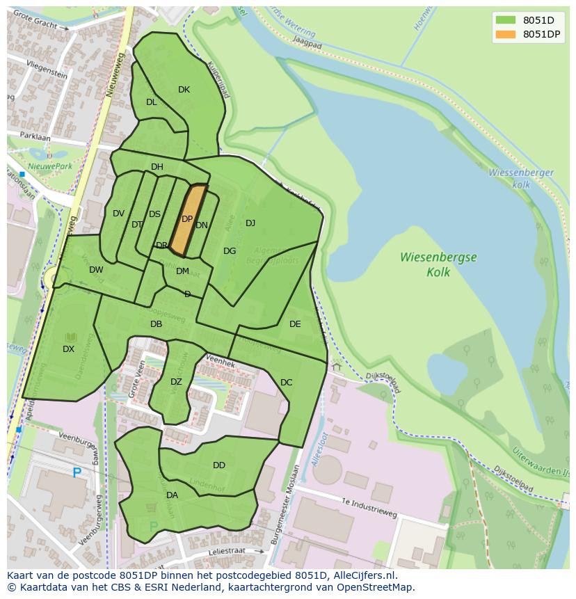 Afbeelding van het postcodegebied 8051 DP op de kaart.