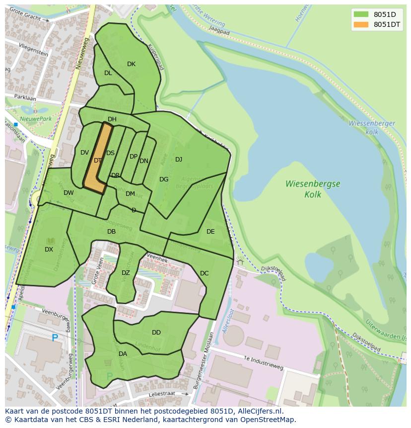 Afbeelding van het postcodegebied 8051 DT op de kaart.