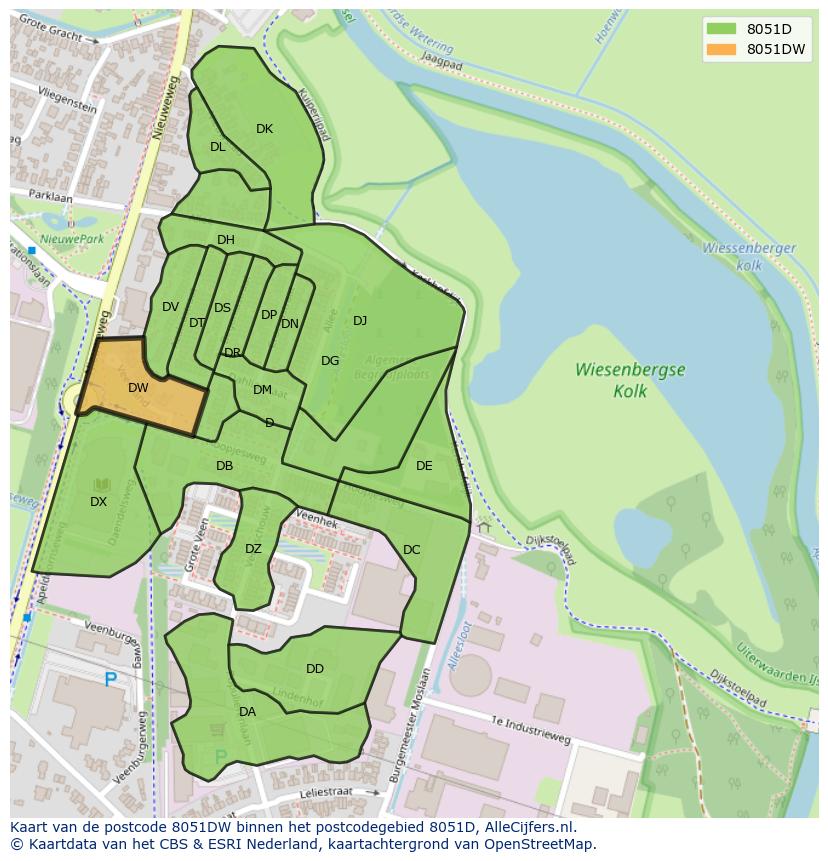Afbeelding van het postcodegebied 8051 DW op de kaart.