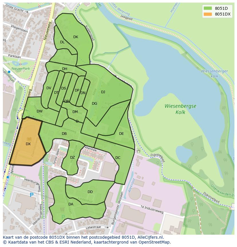 Afbeelding van het postcodegebied 8051 DX op de kaart.