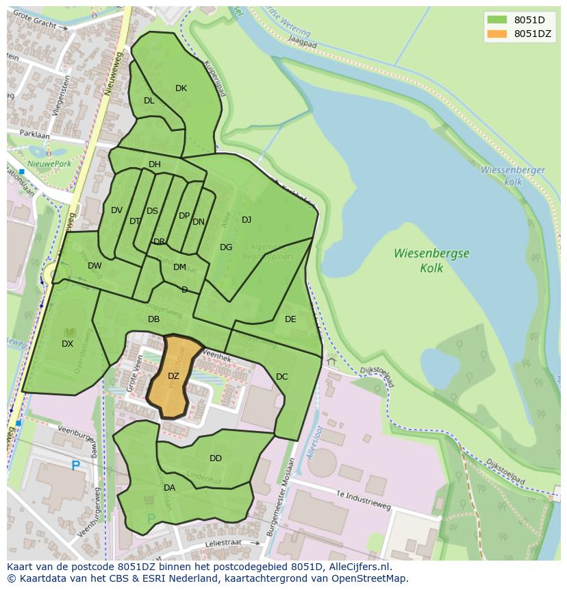 Afbeelding van het postcodegebied 8051 DZ op de kaart.