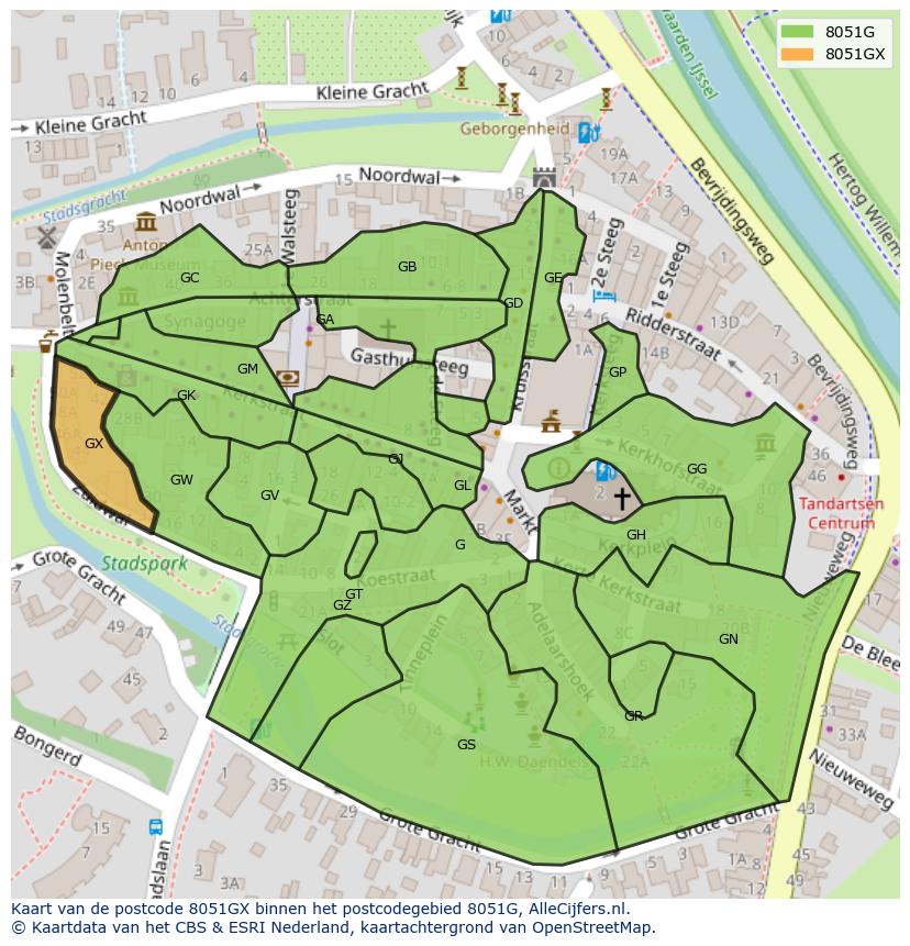 Afbeelding van het postcodegebied 8051 GX op de kaart.