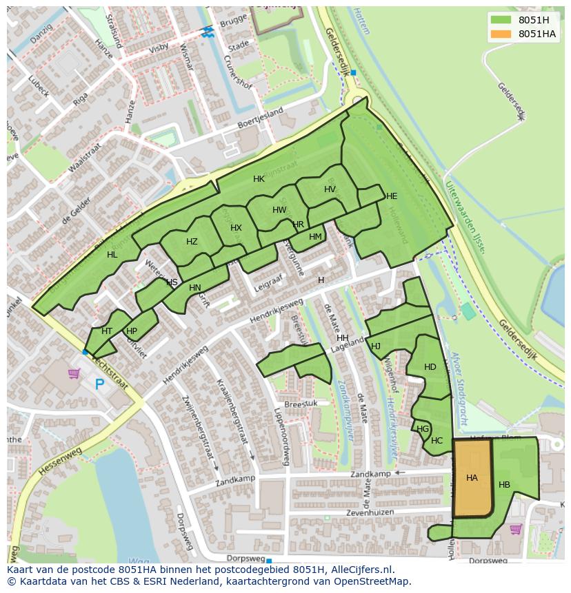 Afbeelding van het postcodegebied 8051 HA op de kaart.