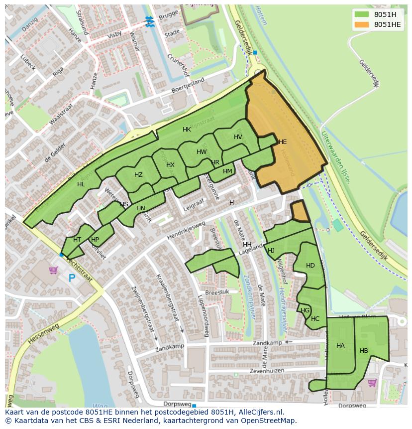 Afbeelding van het postcodegebied 8051 HE op de kaart.