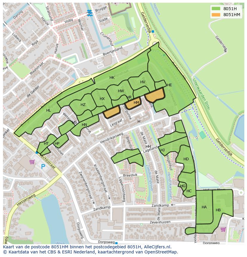 Afbeelding van het postcodegebied 8051 HM op de kaart.