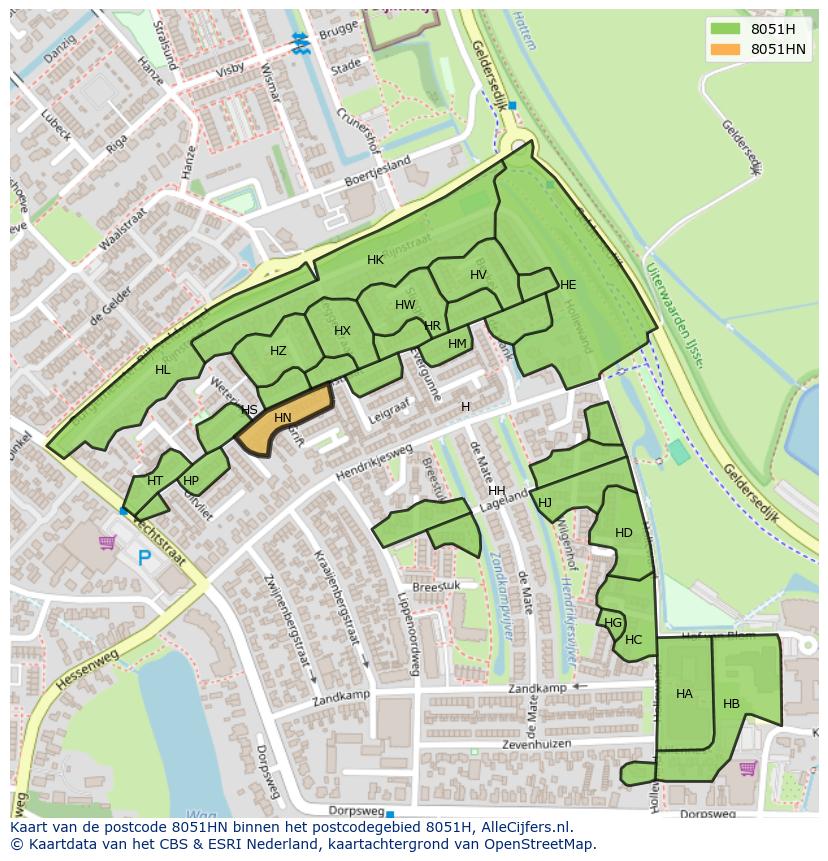 Afbeelding van het postcodegebied 8051 HN op de kaart.