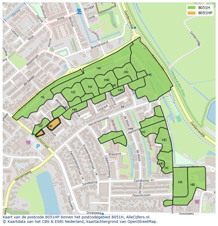 Afbeelding van het postcodegebied 8051 HP op de kaart.