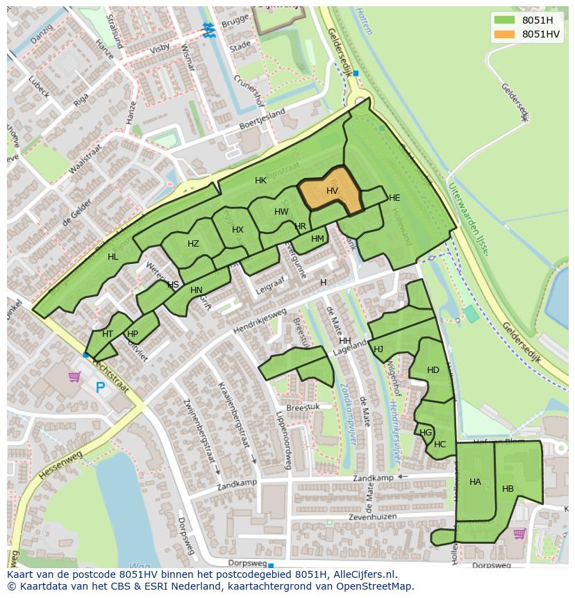 Afbeelding van het postcodegebied 8051 HV op de kaart.