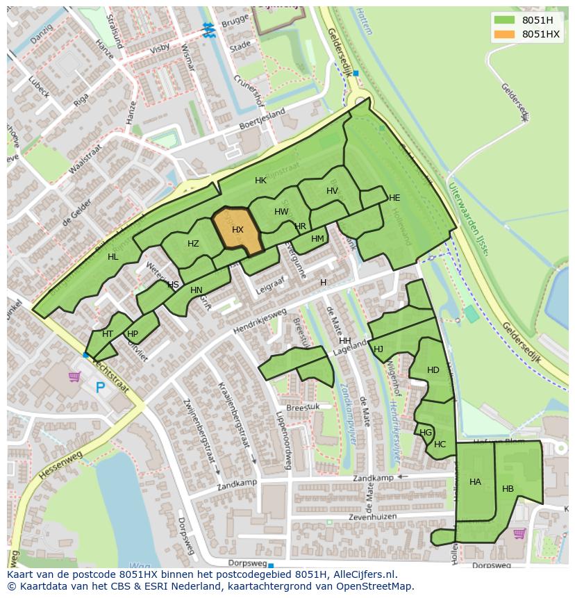 Afbeelding van het postcodegebied 8051 HX op de kaart.