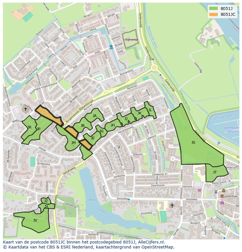 Afbeelding van het postcodegebied 8051 JC op de kaart.