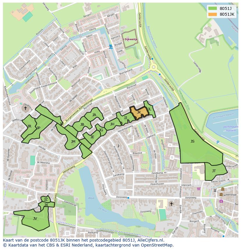Afbeelding van het postcodegebied 8051 JK op de kaart.