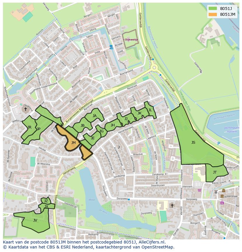 Afbeelding van het postcodegebied 8051 JM op de kaart.