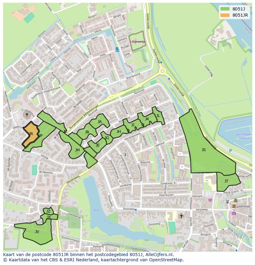Afbeelding van het postcodegebied 8051 JR op de kaart.