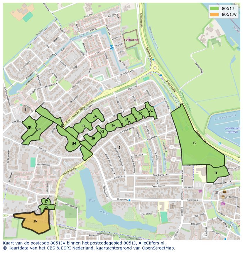 Afbeelding van het postcodegebied 8051 JV op de kaart.
