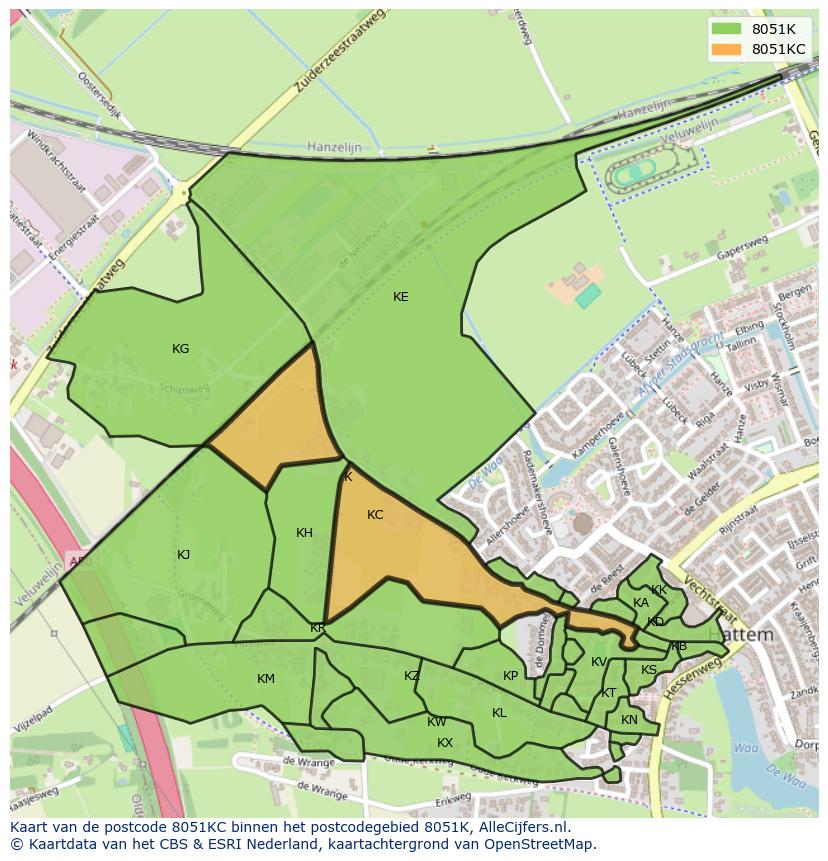 Afbeelding van het postcodegebied 8051 KC op de kaart.