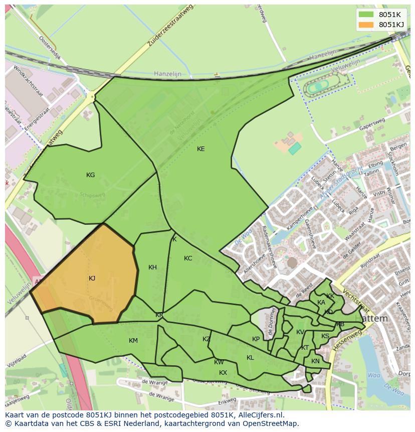 Afbeelding van het postcodegebied 8051 KJ op de kaart.