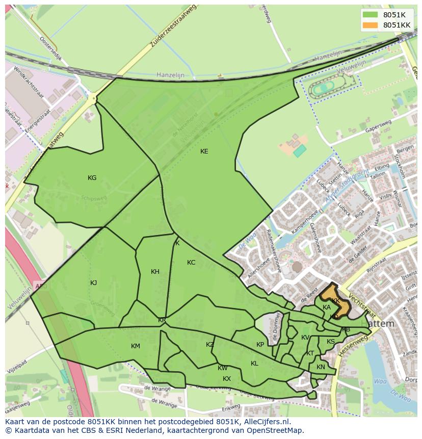 Afbeelding van het postcodegebied 8051 KK op de kaart.