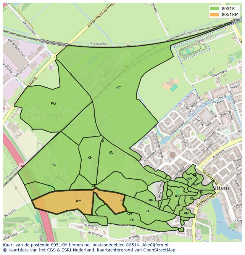 Afbeelding van het postcodegebied 8051 KM op de kaart.