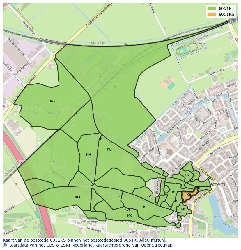 Afbeelding van het postcodegebied 8051 KS op de kaart.