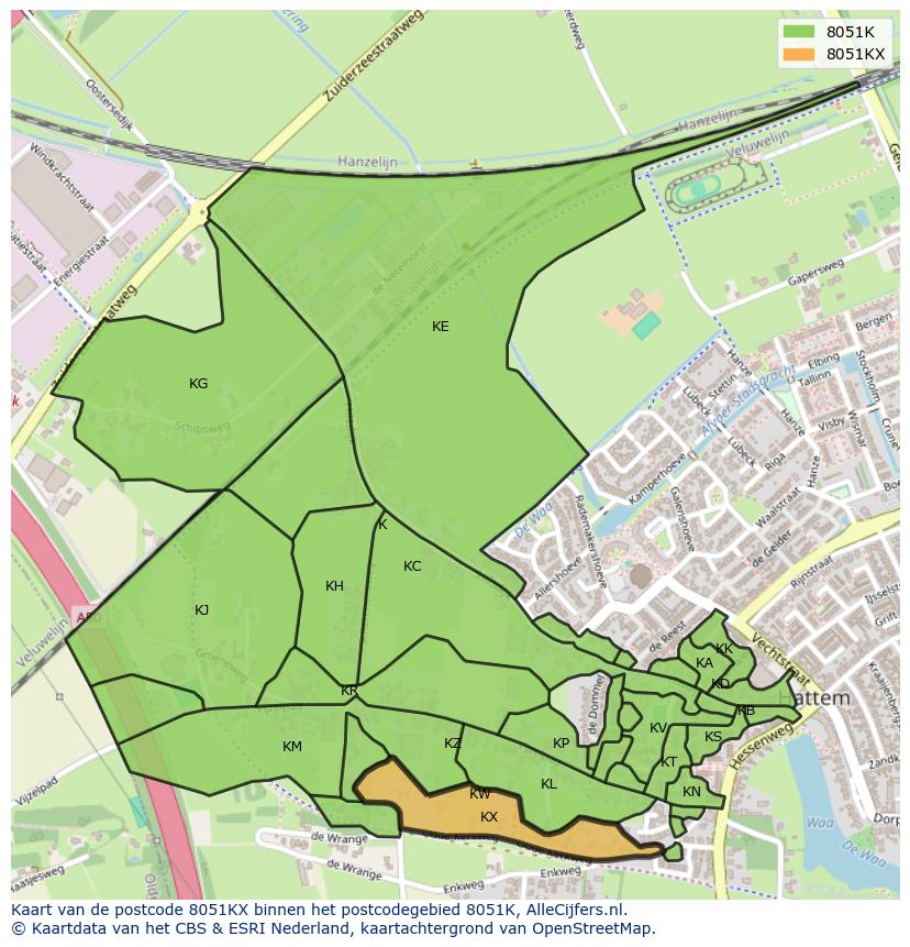 Afbeelding van het postcodegebied 8051 KX op de kaart.