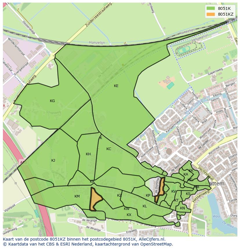 Afbeelding van het postcodegebied 8051 KZ op de kaart.