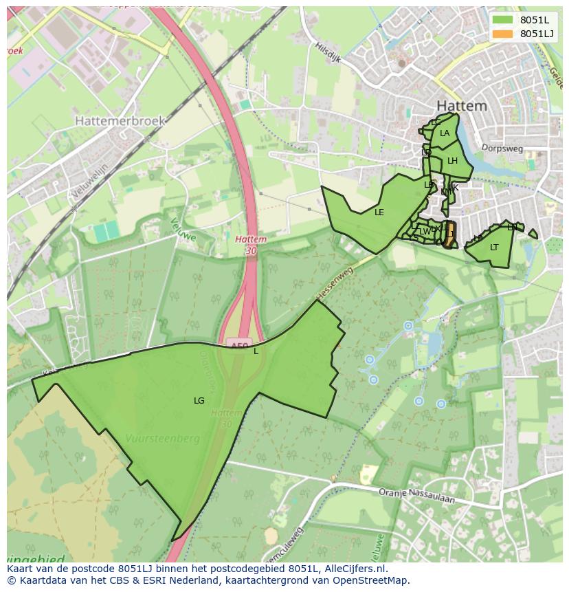 Afbeelding van het postcodegebied 8051 LJ op de kaart.
