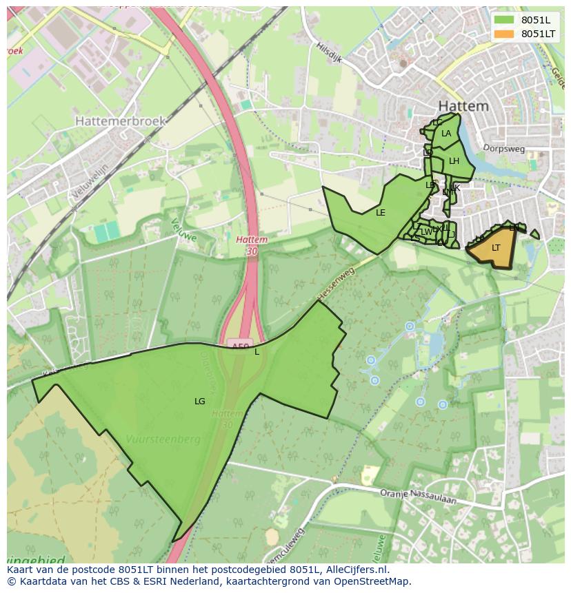 Afbeelding van het postcodegebied 8051 LT op de kaart.