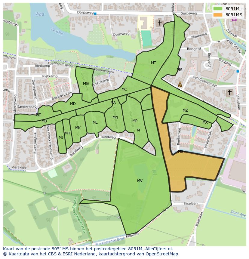 Afbeelding van het postcodegebied 8051 MS op de kaart.