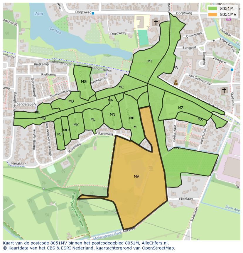 Afbeelding van het postcodegebied 8051 MV op de kaart.