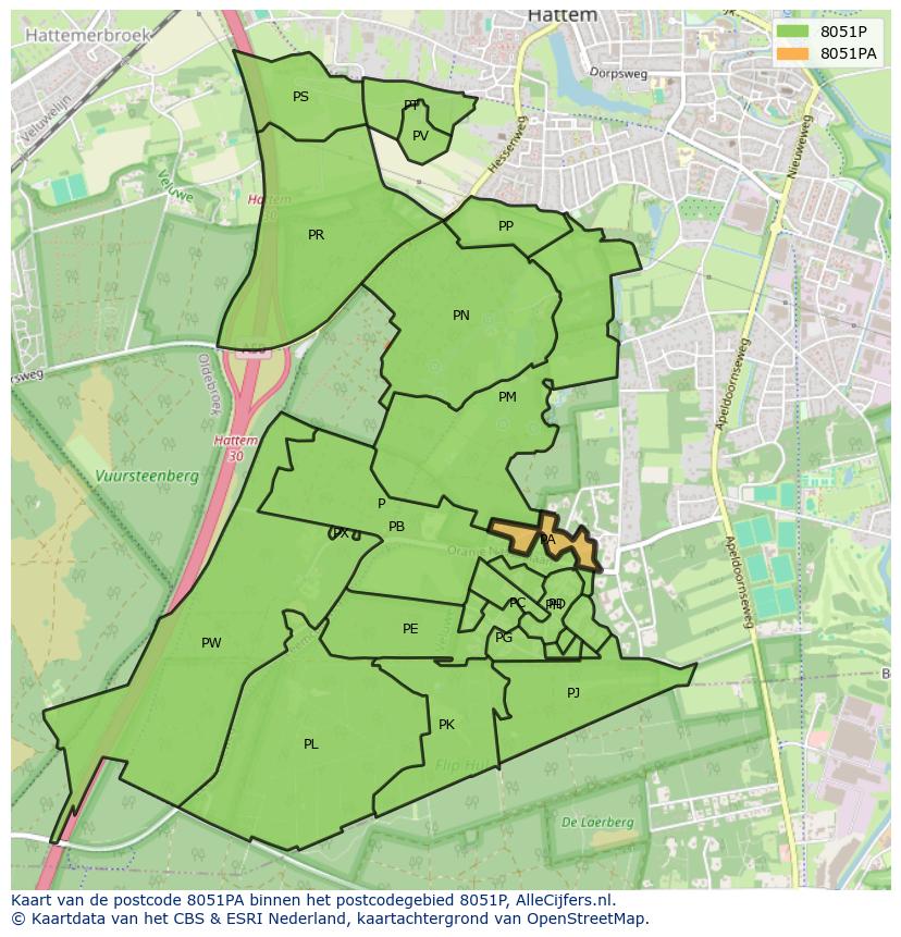 Afbeelding van het postcodegebied 8051 PA op de kaart.