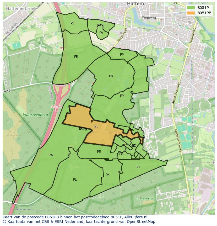 Afbeelding van het postcodegebied 8051 PB op de kaart.