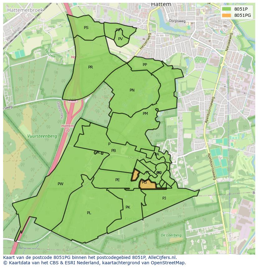 Afbeelding van het postcodegebied 8051 PG op de kaart.