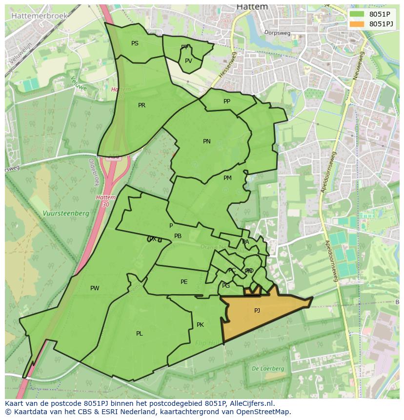 Afbeelding van het postcodegebied 8051 PJ op de kaart.