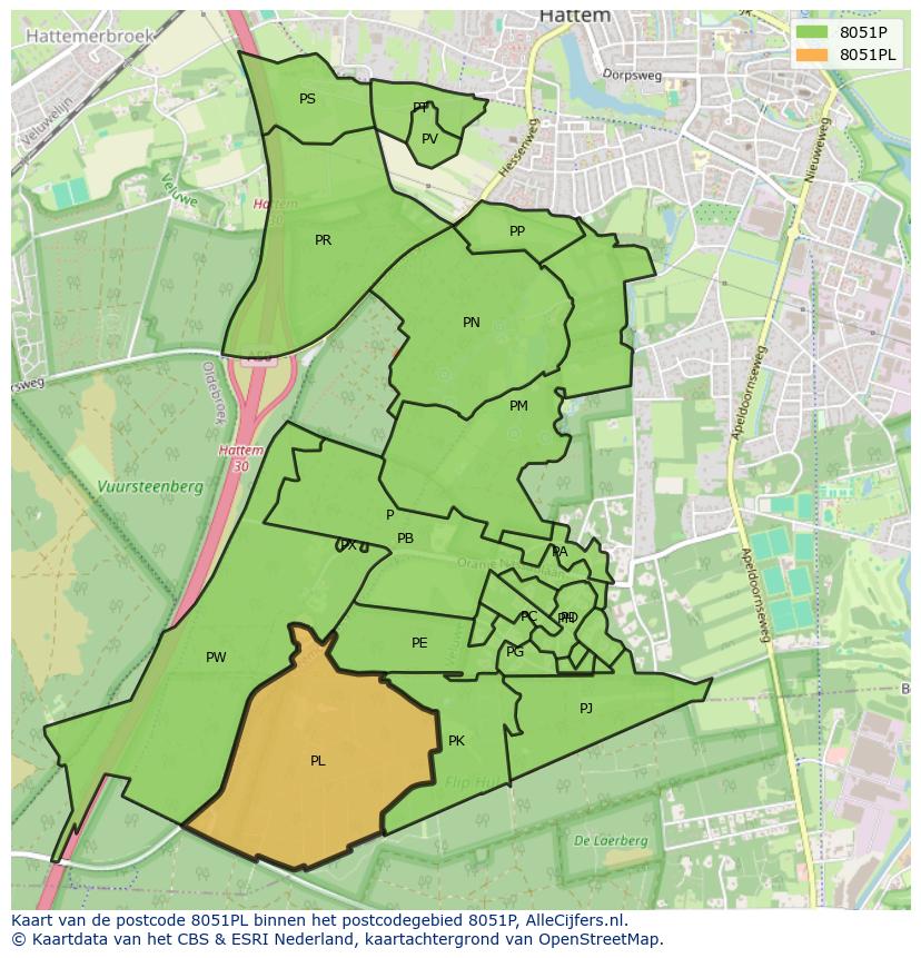 Afbeelding van het postcodegebied 8051 PL op de kaart.