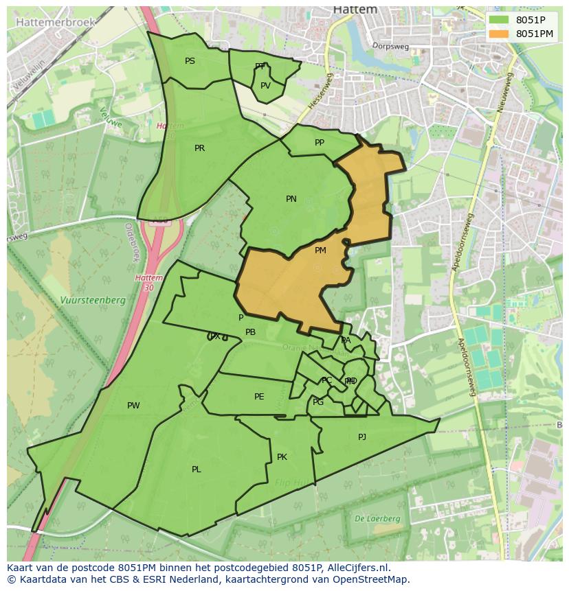 Afbeelding van het postcodegebied 8051 PM op de kaart.