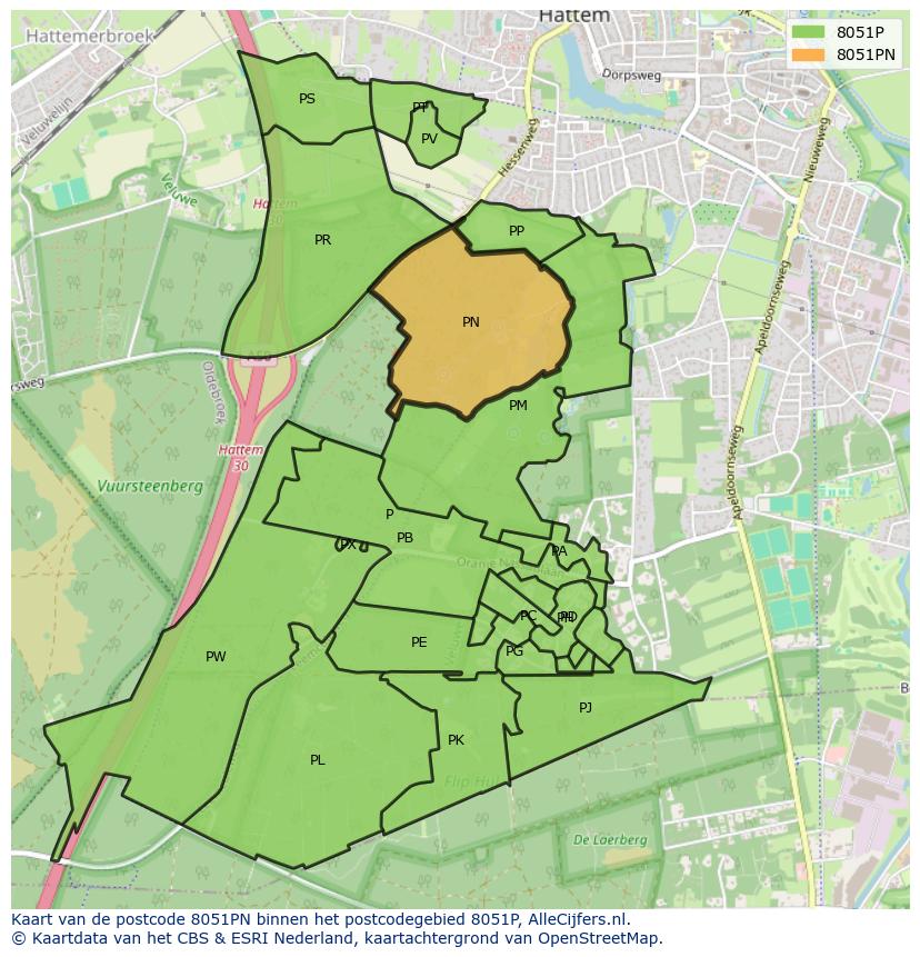 Afbeelding van het postcodegebied 8051 PN op de kaart.