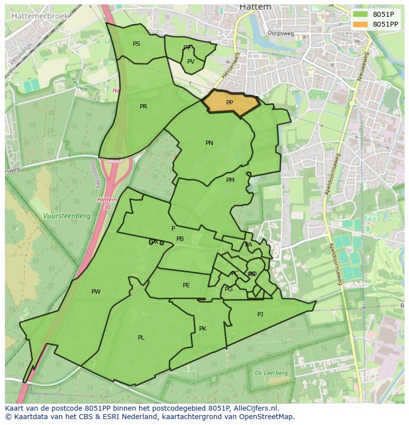 Afbeelding van het postcodegebied 8051 PP op de kaart.