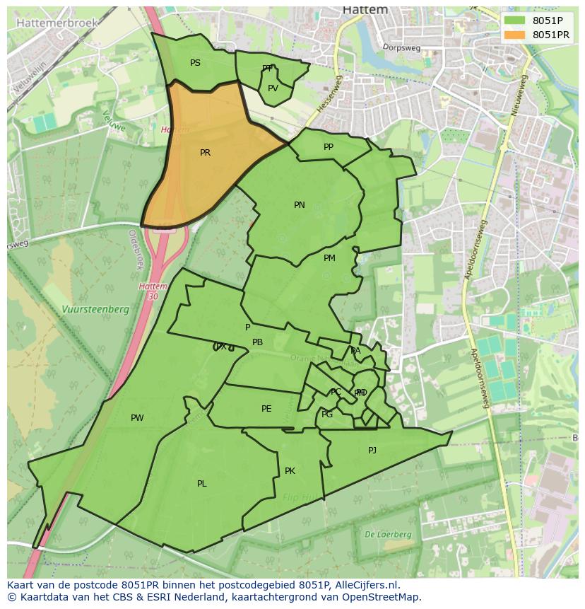 Afbeelding van het postcodegebied 8051 PR op de kaart.